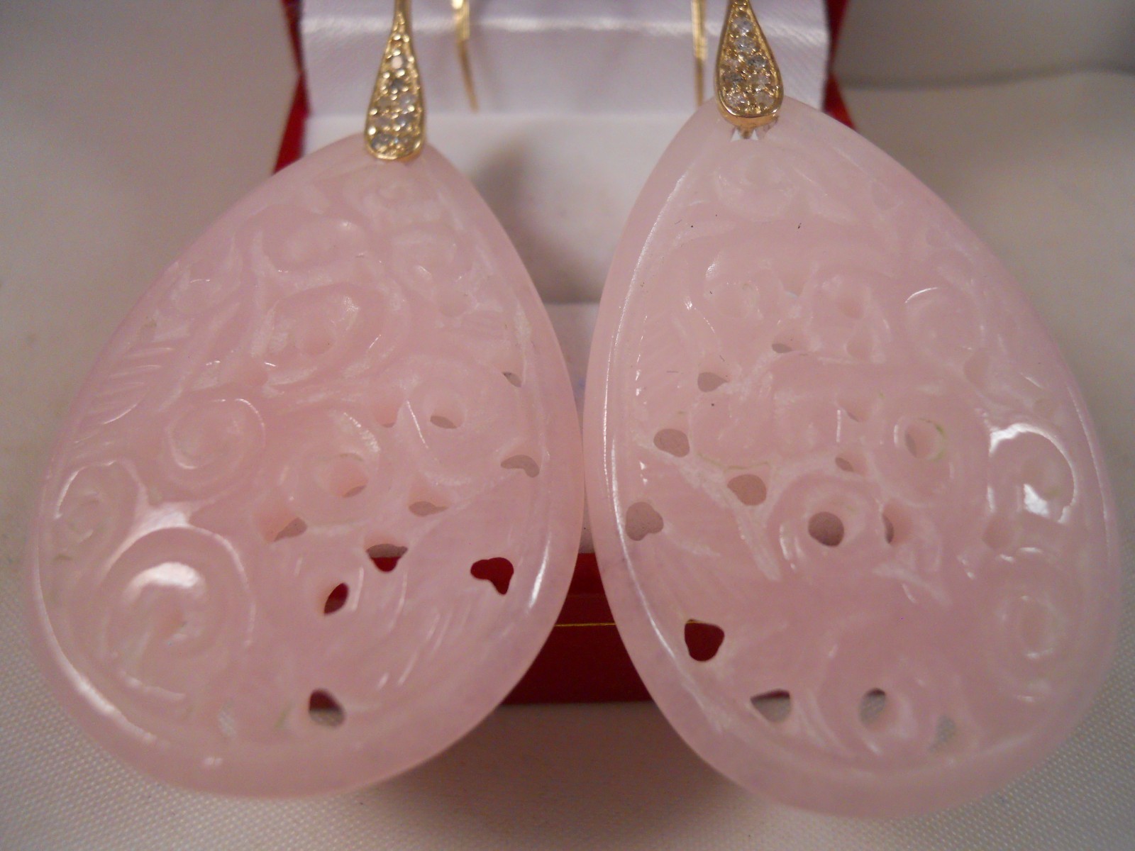 HEAVY 15.67G 10K YELLOW GOLD 66.10CT PINK QUARTZ DIAMOND CARVED FLOWER EARRINGS