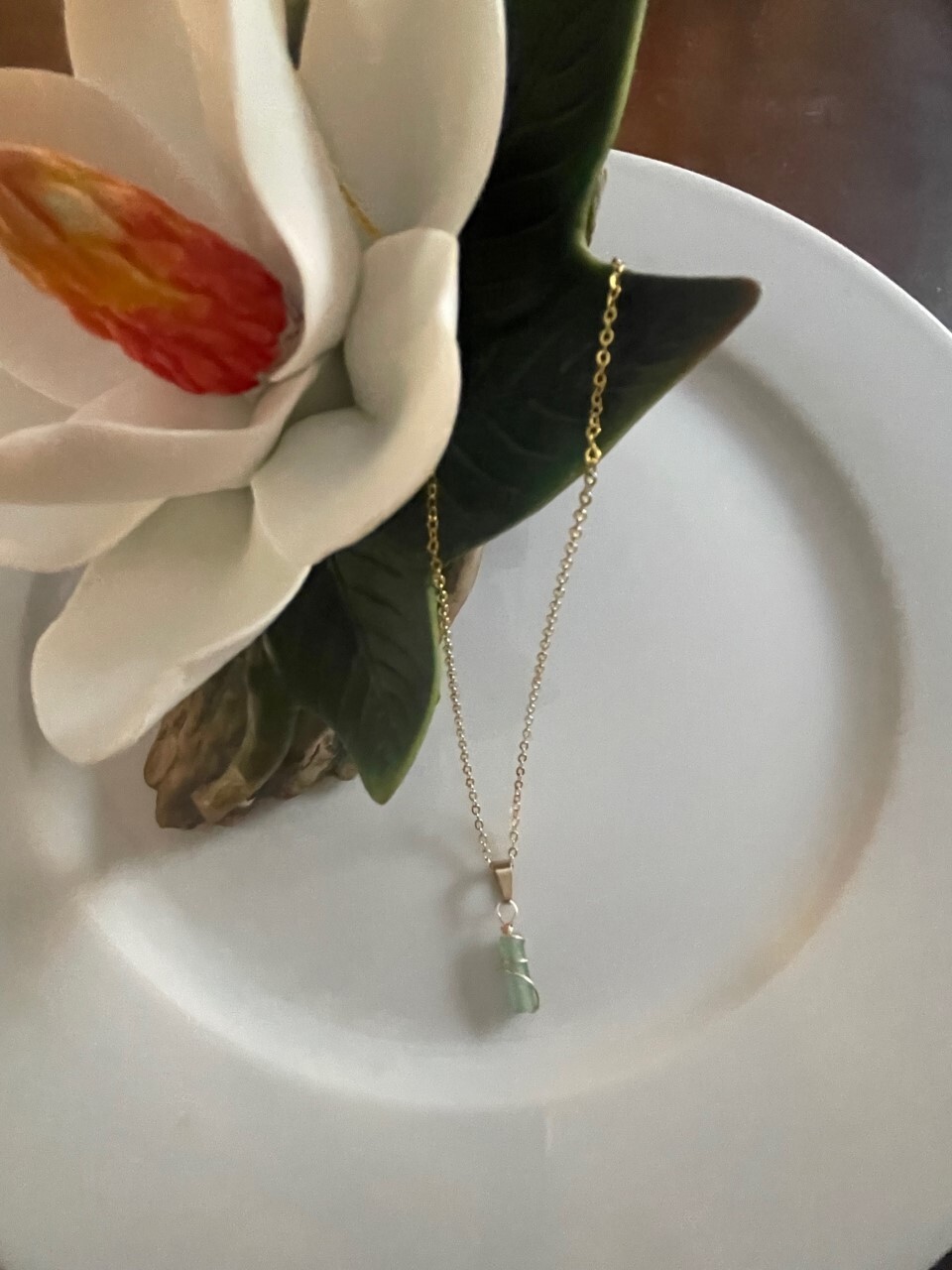 Green Aventurine Stone Pendant Necklace Gold Chain Wire Wrap Simple Natural