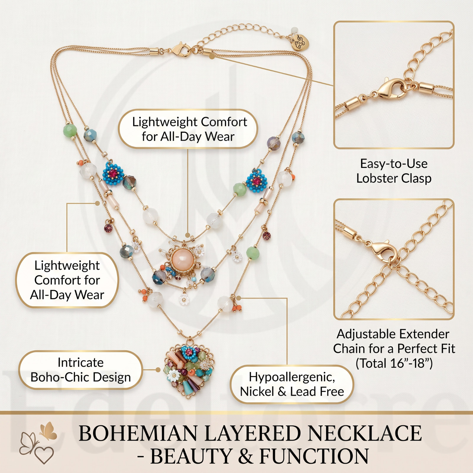 Women’s Layered Necklace Butterfly Heart Gold Tone Beaded Boho Adjustable Chain