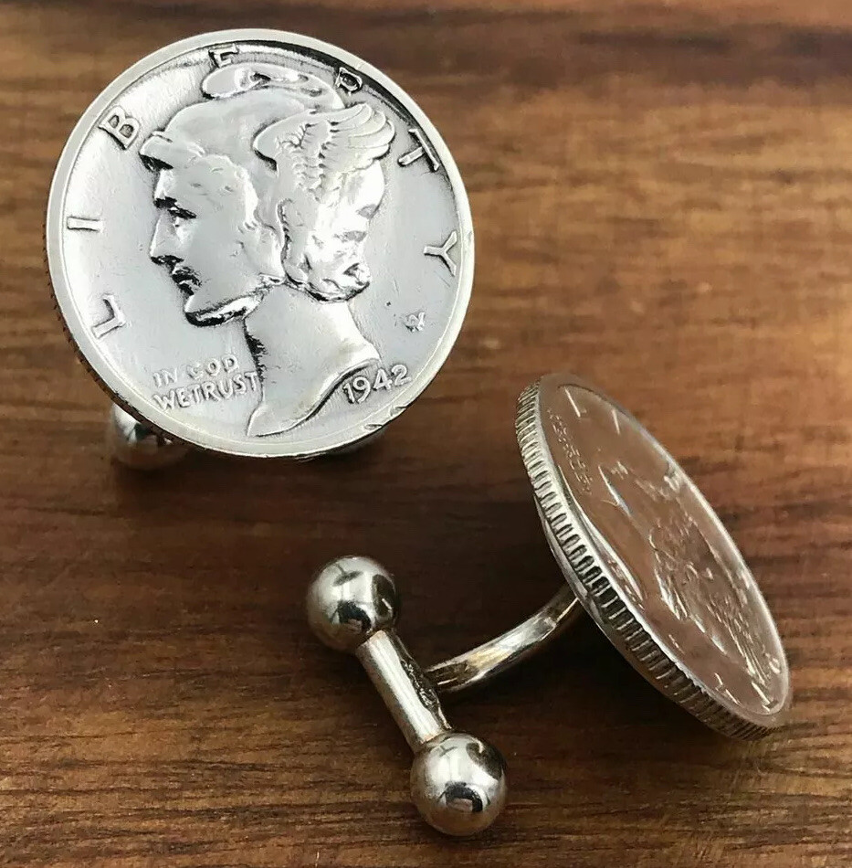New .925 Silver Cufflinks Vintage Mercury Winged Liberty Head 90% Silver Dime