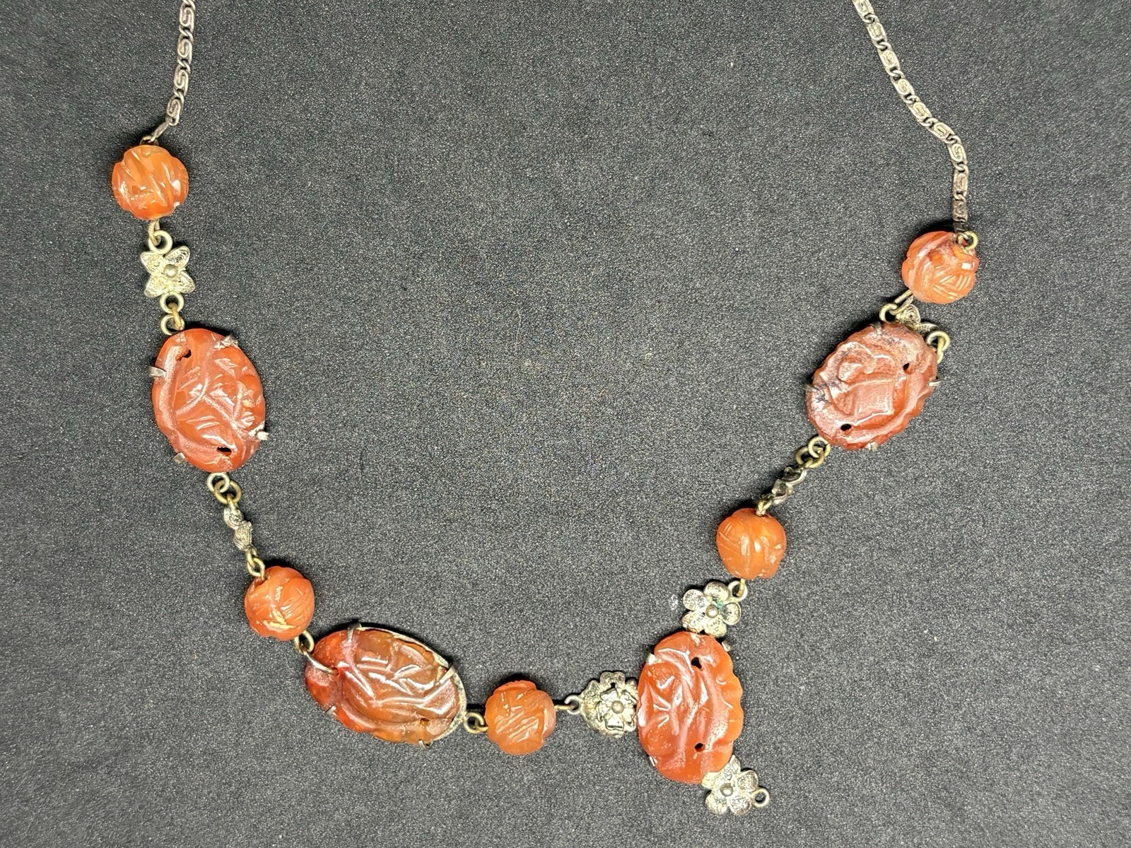 Vintage Chinese Export Silver Tone Filigree Carved Carnelian Lavalier Necklace
