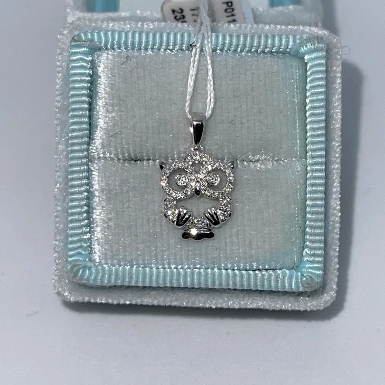 0.50Ct Round Cut Real Moissanite Women’s Owl Shape Pendant 14K White Gold Plated