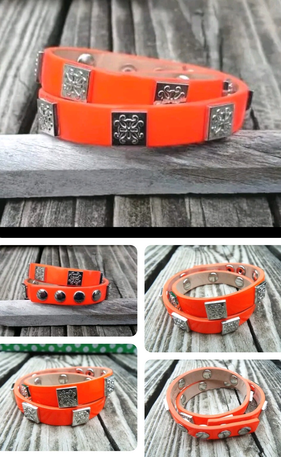 New Rustic Cuff Bracelet Neon Orange Leather Double Wrap Meagen Silver RC Logo