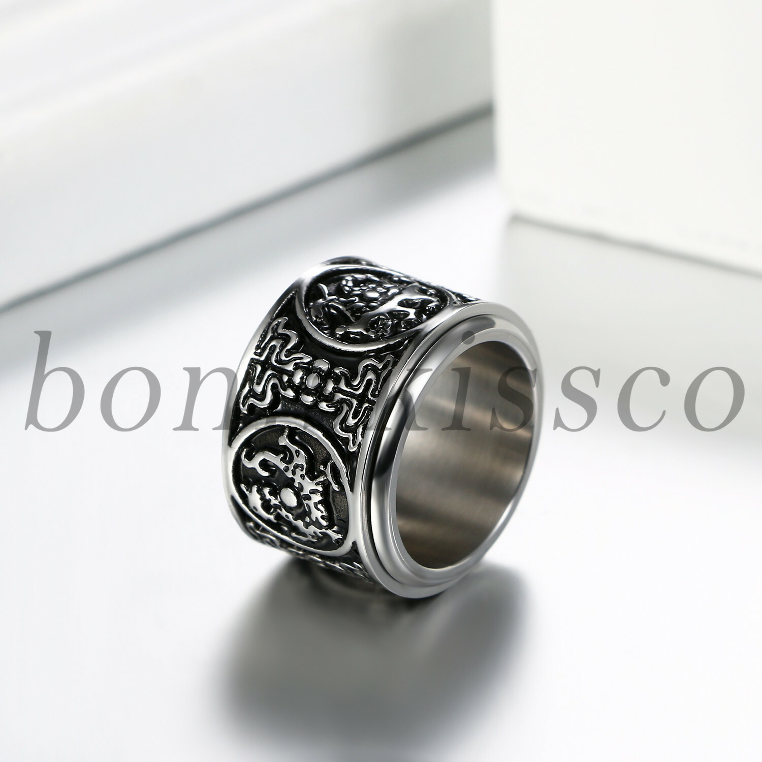 Men’s Retro Heavy Wide Guardian Beasts Stainless Steel Spinner Ring Lucky Band
