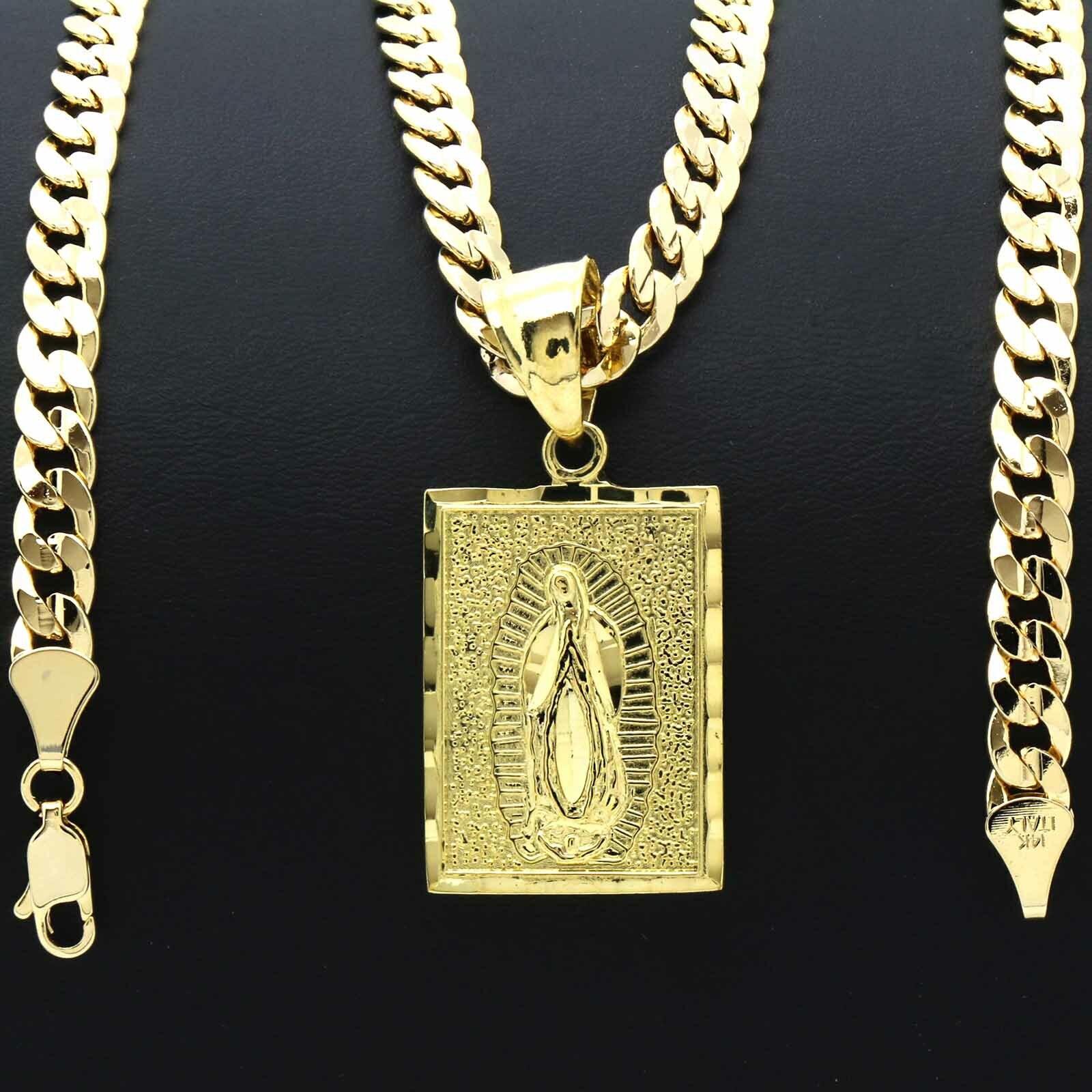 Mens 18k Gold Plated Brass Guadalupe Pendant 6mm 24″ Cuban Chain (L)