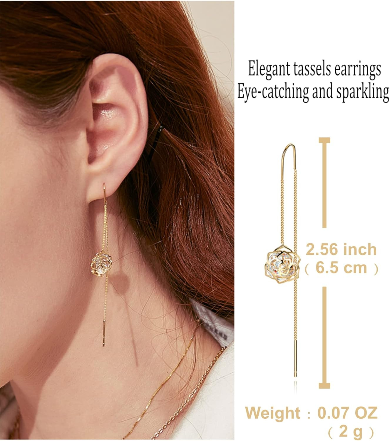 Aretes Largos de Cadena Flor Rosa Oro 14K para Mujer o Dama de Honor