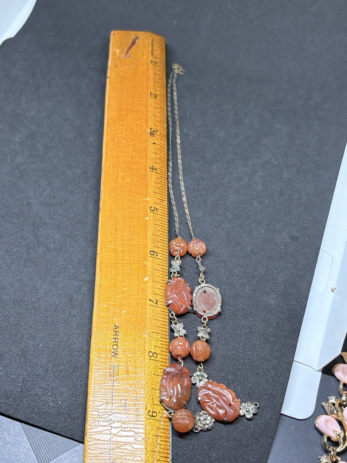 Vintage Chinese Export Silver Tone Filigree Carved Carnelian Lavalier Necklace