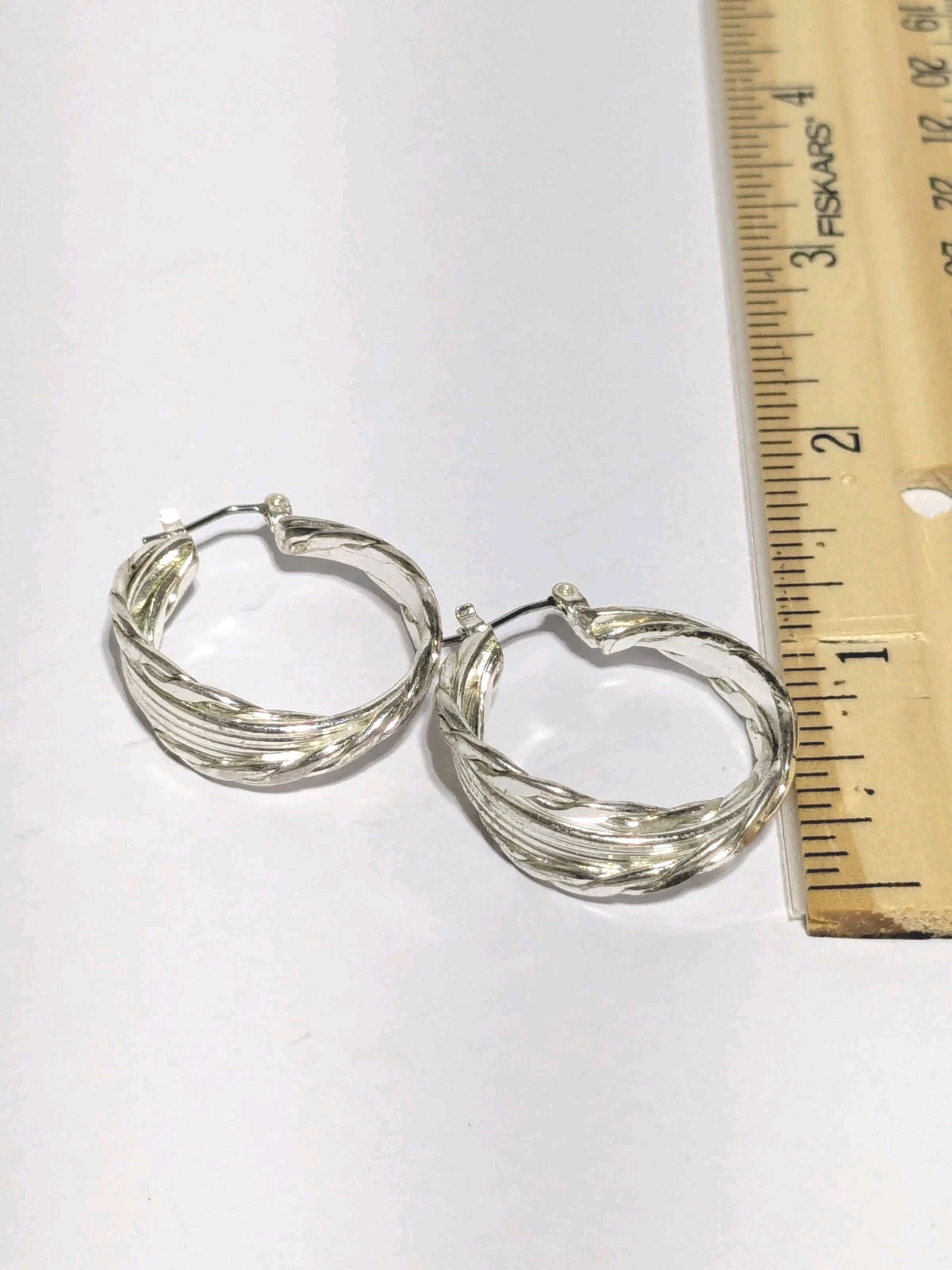 Silver Tone Twisted Textured Hoop Push Lock Dangle Earrings 1″.
