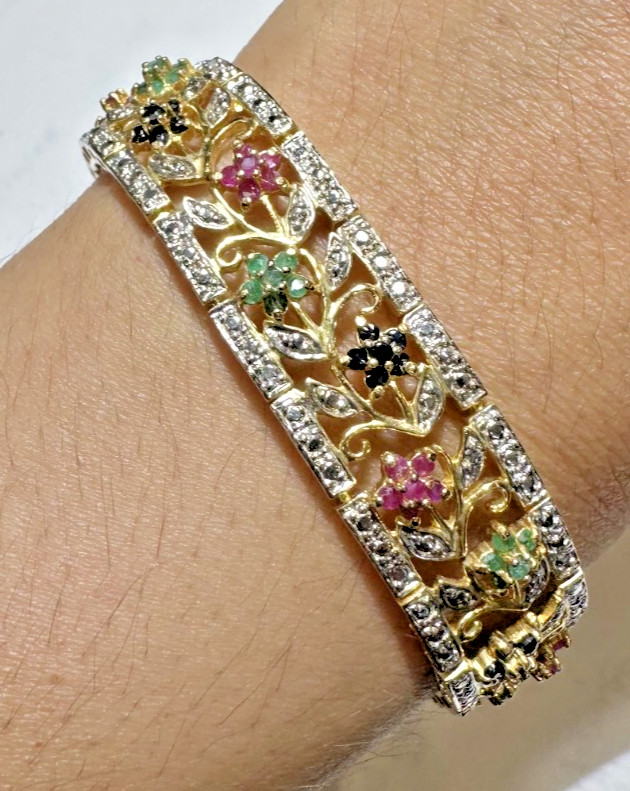 NEW 18k Gold P Silver Blue Sapphire Red Ruby Green Emerald 26gTennis 7″ Bracelet