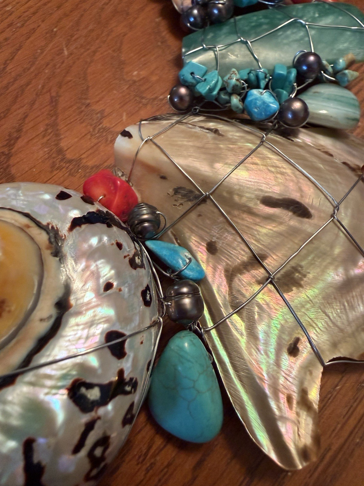 Nautilus Abalone Shell Turquoise & Beads Wire Wrapped Artisan Choker Necklace