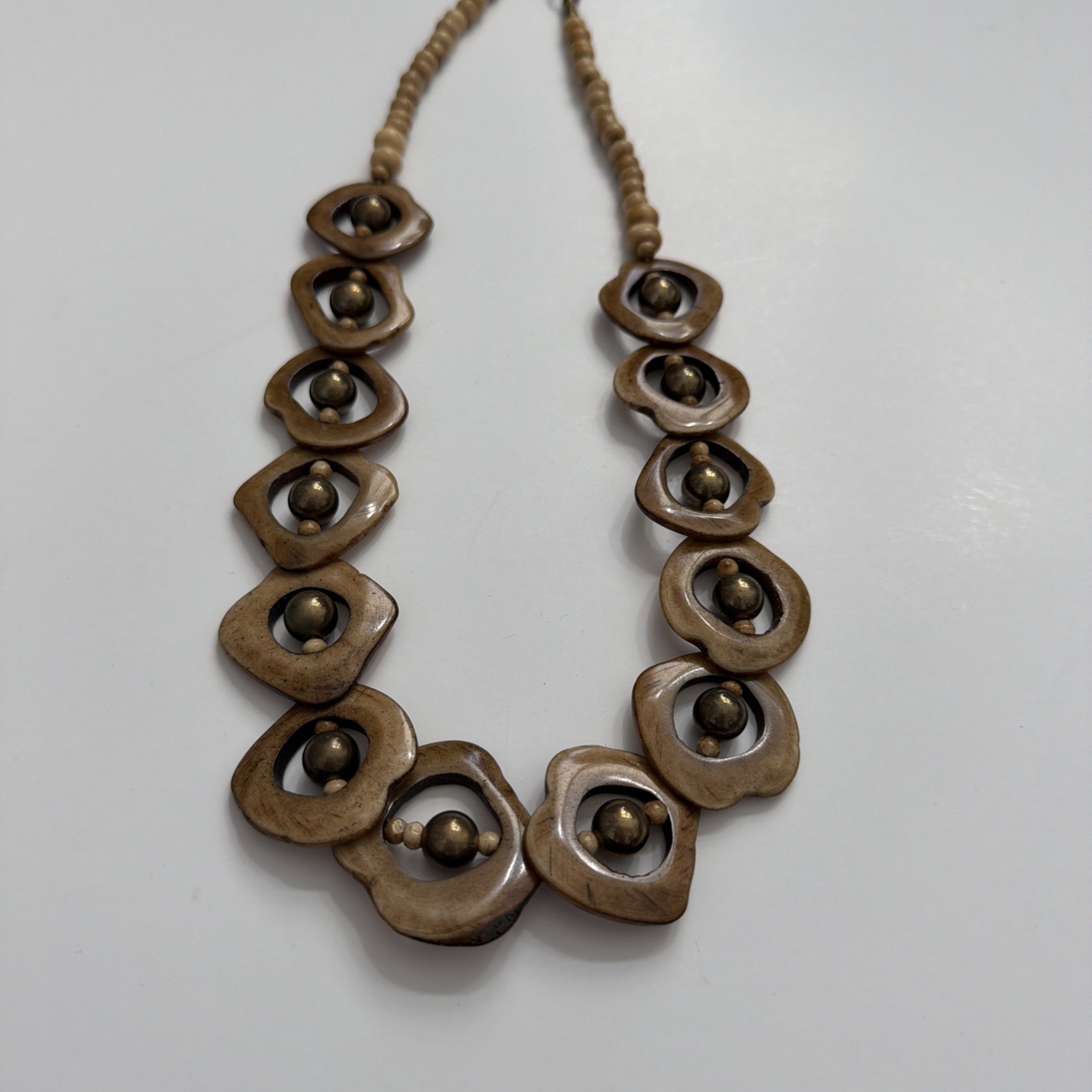 Artisan Vntg Wood Statement Necklace Carved Wooden Links with Brass Tone Beads