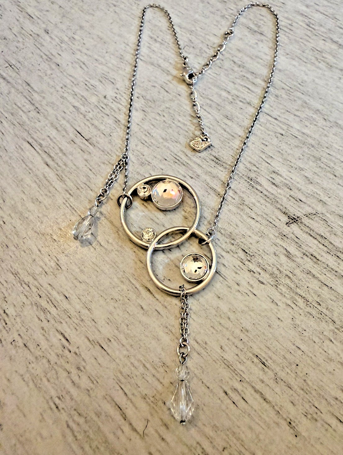 Swarovski Crystal Necklace Conjoined Circles Bezel Set Cascading Teardrop Signed