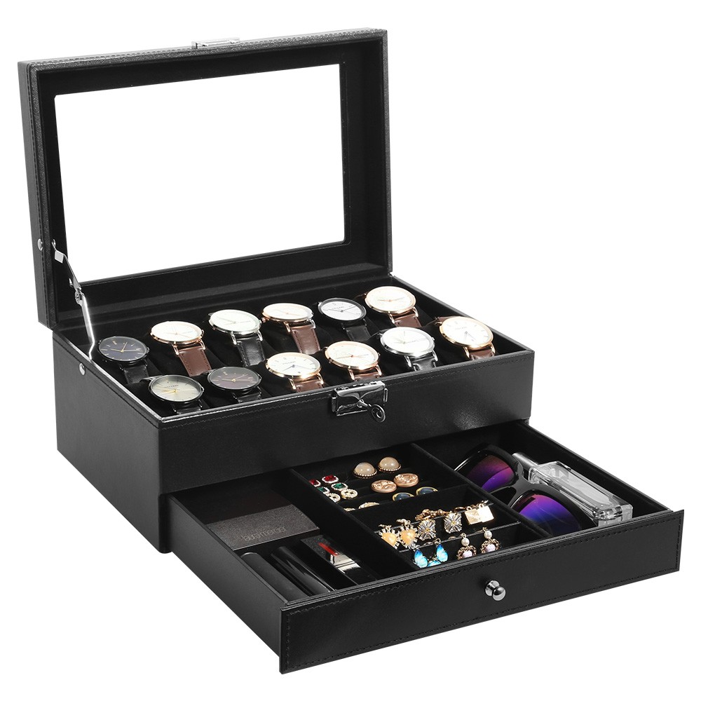 12 Slots Watch Box PU Leather Watch Case Lockable Jewelry Storage Display Case