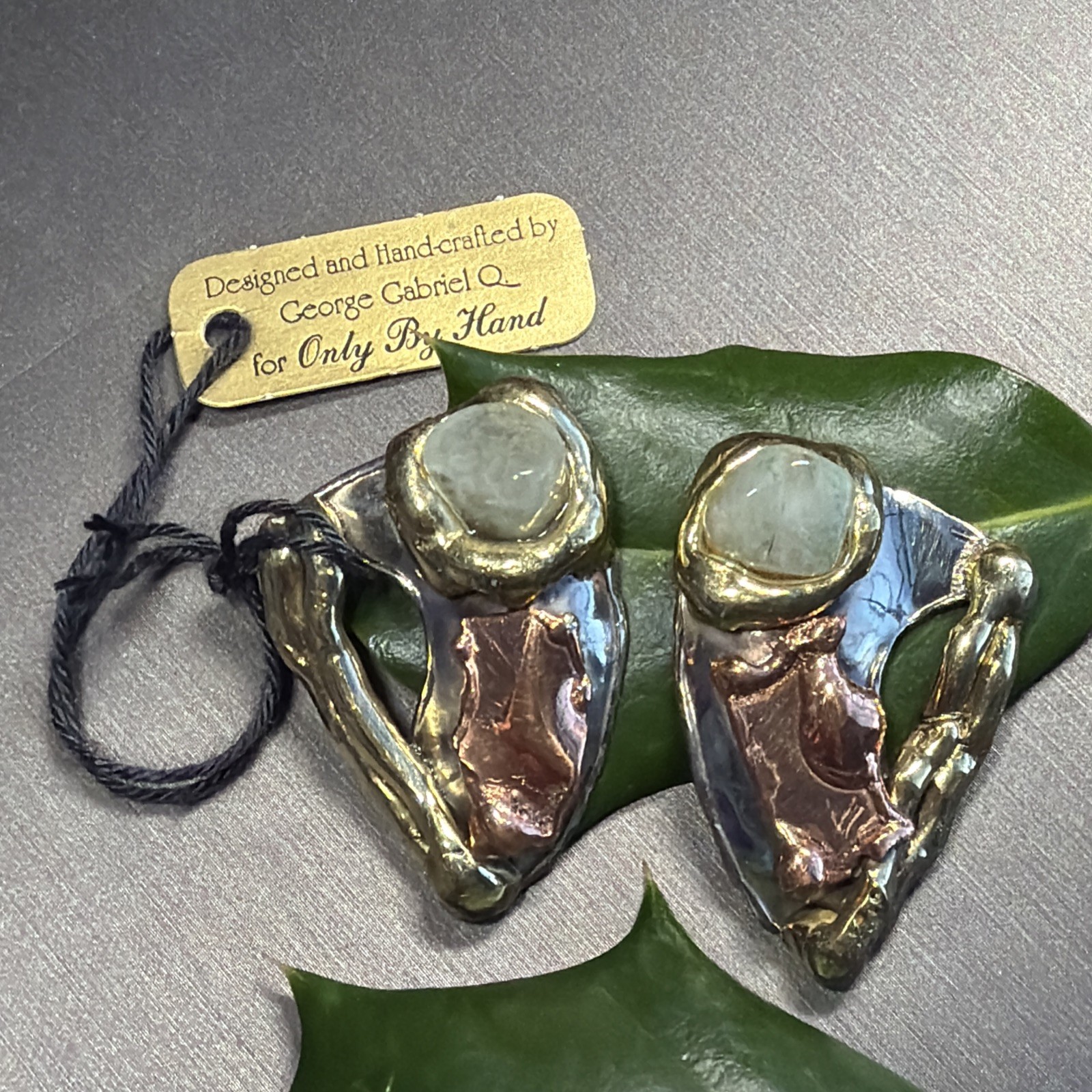 Vintage Modernist Earrings Signed George Gabriel Q Green Quartz Artisan Unique