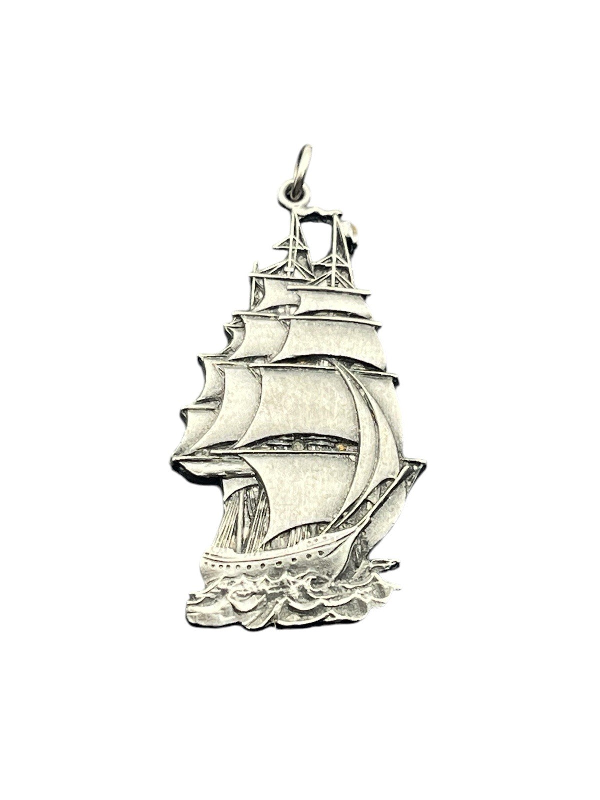 Tall pirate ship silver tone nautical sail boat pendant for necklace vintage