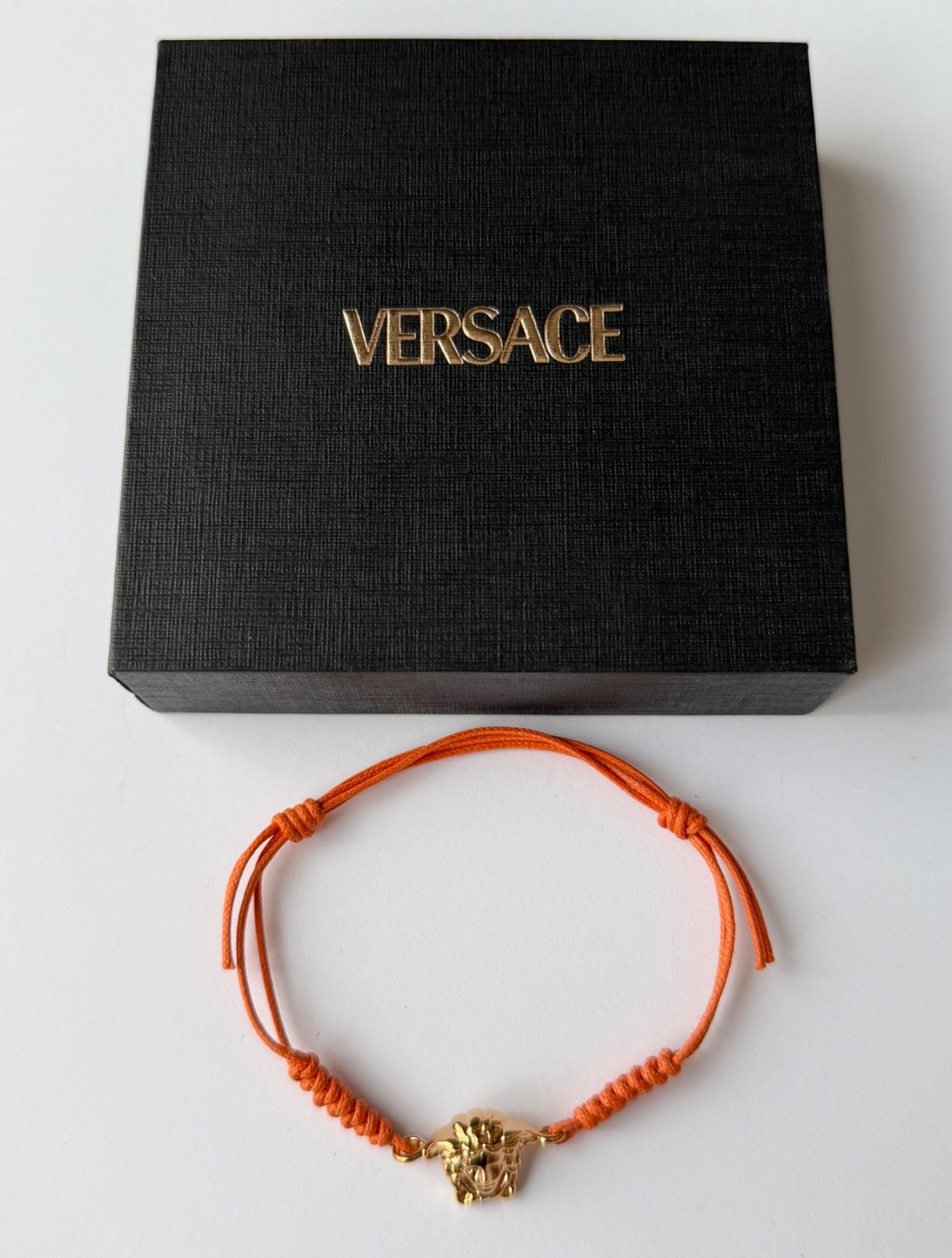 NWT Versace Medusa Head 3D Logo Charm Gold Orange Drawstring Cord Bracelet $495