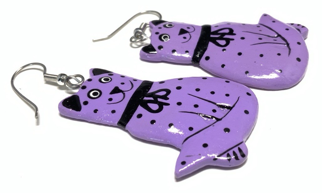 Silver Tone Dangle Drop Purple Cat Earrings LY128