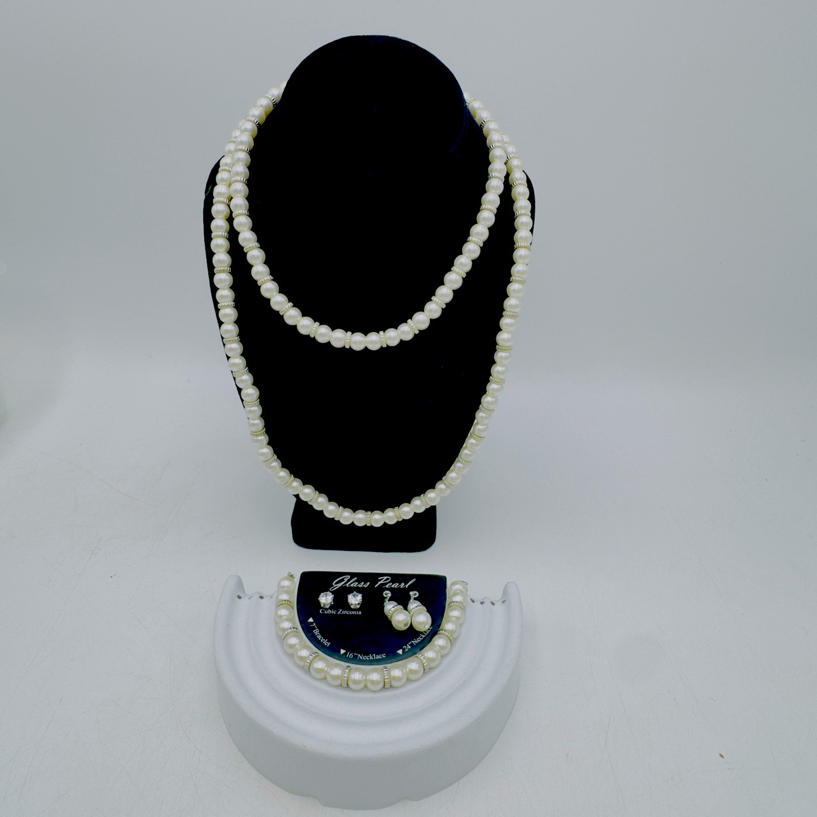 Kim Rogers Necklace Bracelet Earrings 5p Jewelry Set Cubic Zirconia Glass Pearls