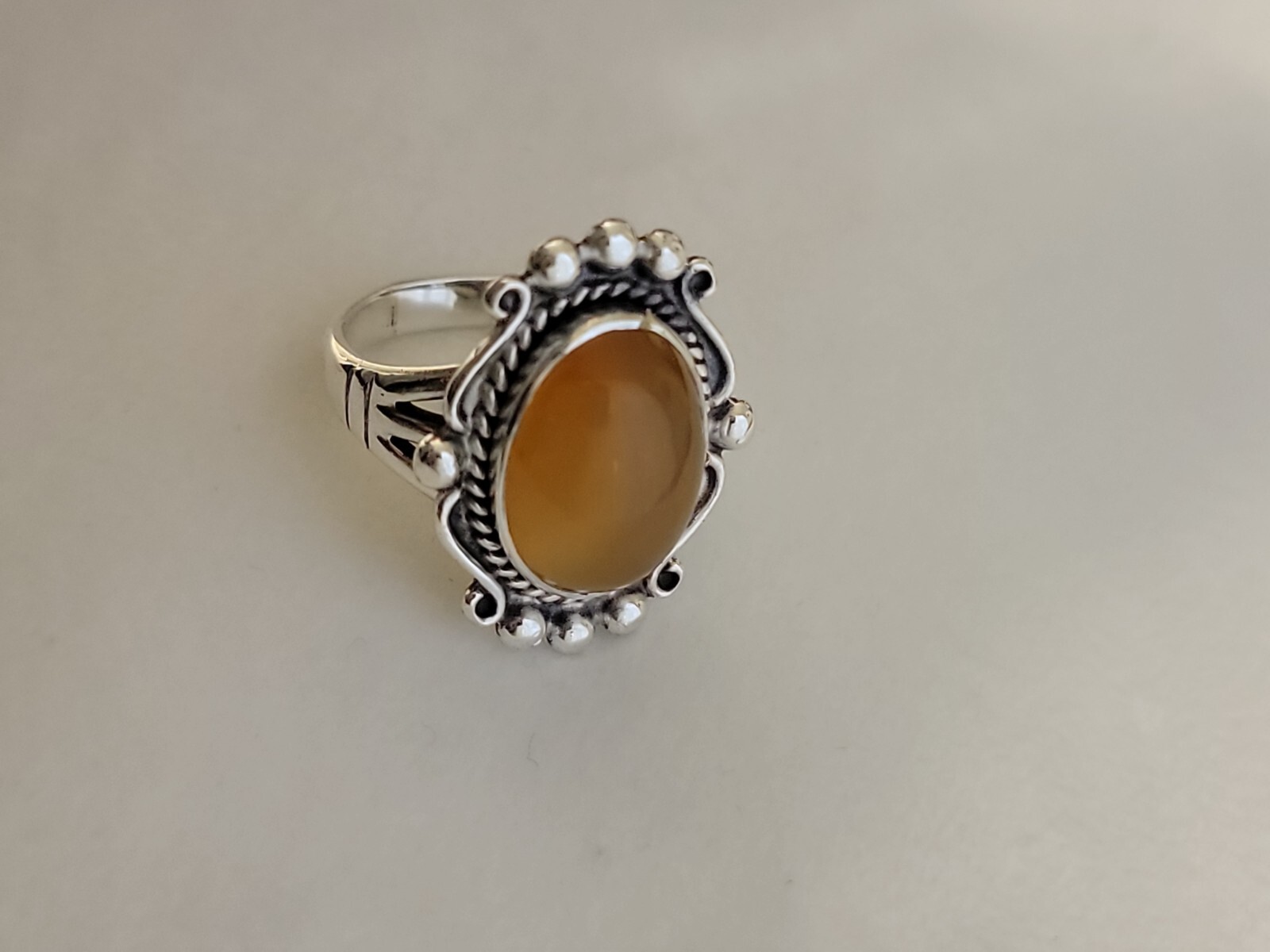Amber Egg Yolk Chalcedony Ring Sterling Size 8.25 Ornate Design