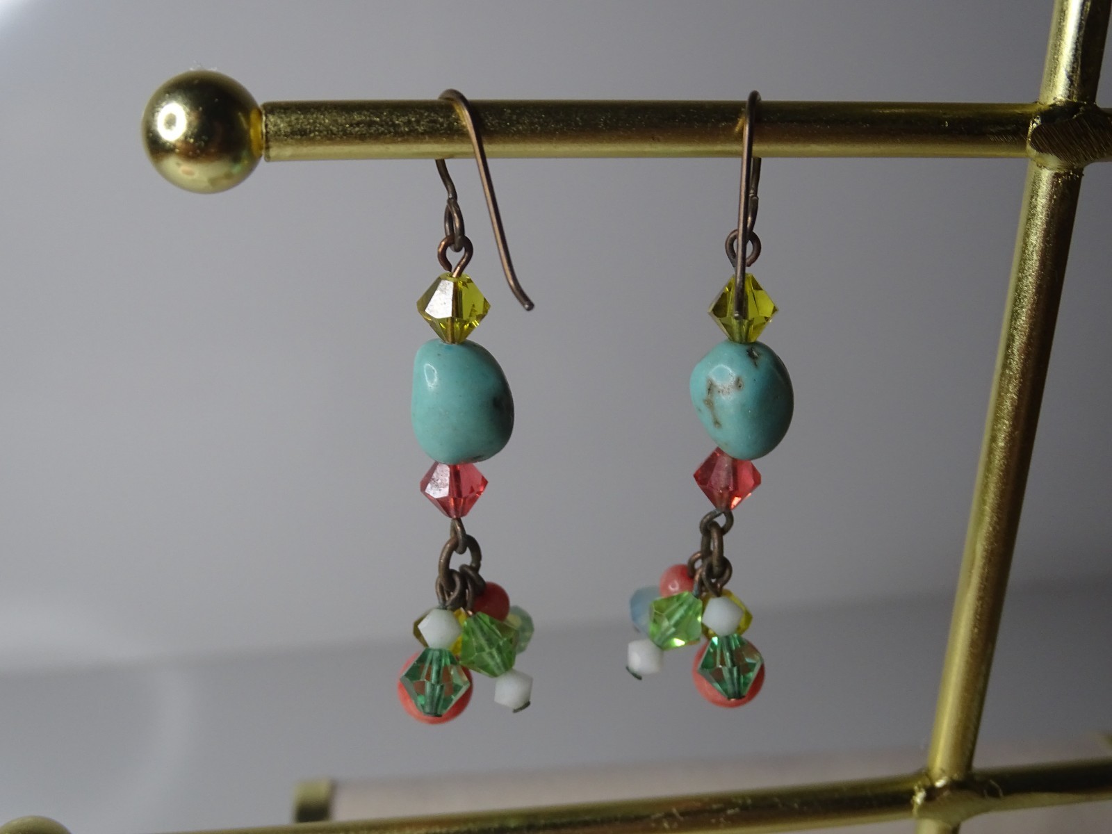 Vibrant Southwestern Turquoise & Red Coral Beaded Dangle Hook Earrings 7.83g