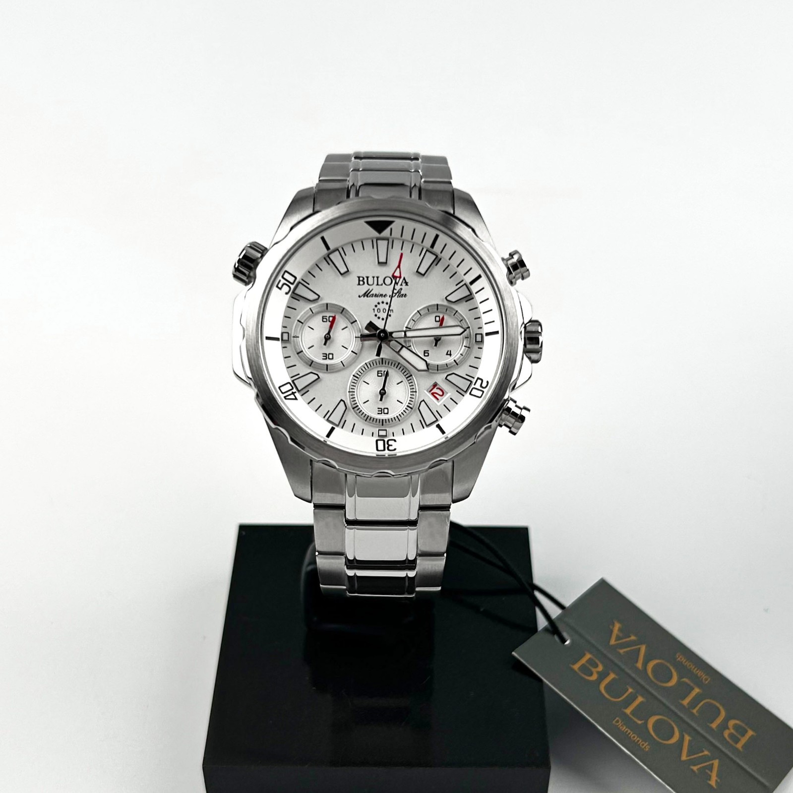 Bulova Marine Star 96B255 Men’s Classic White Dial Chronograph Quartz Watch 43MM