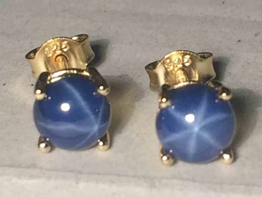 Blue Star Sapphire Natural Earrings 6mm Solid Sterling Silver – 14k Gold Plated