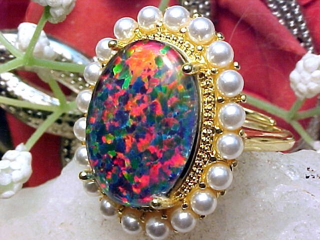 Gilson Opal Triplet 18x13mm & Pearl 2.1mm Ring 925 SS/14k Yellow Gold Finish