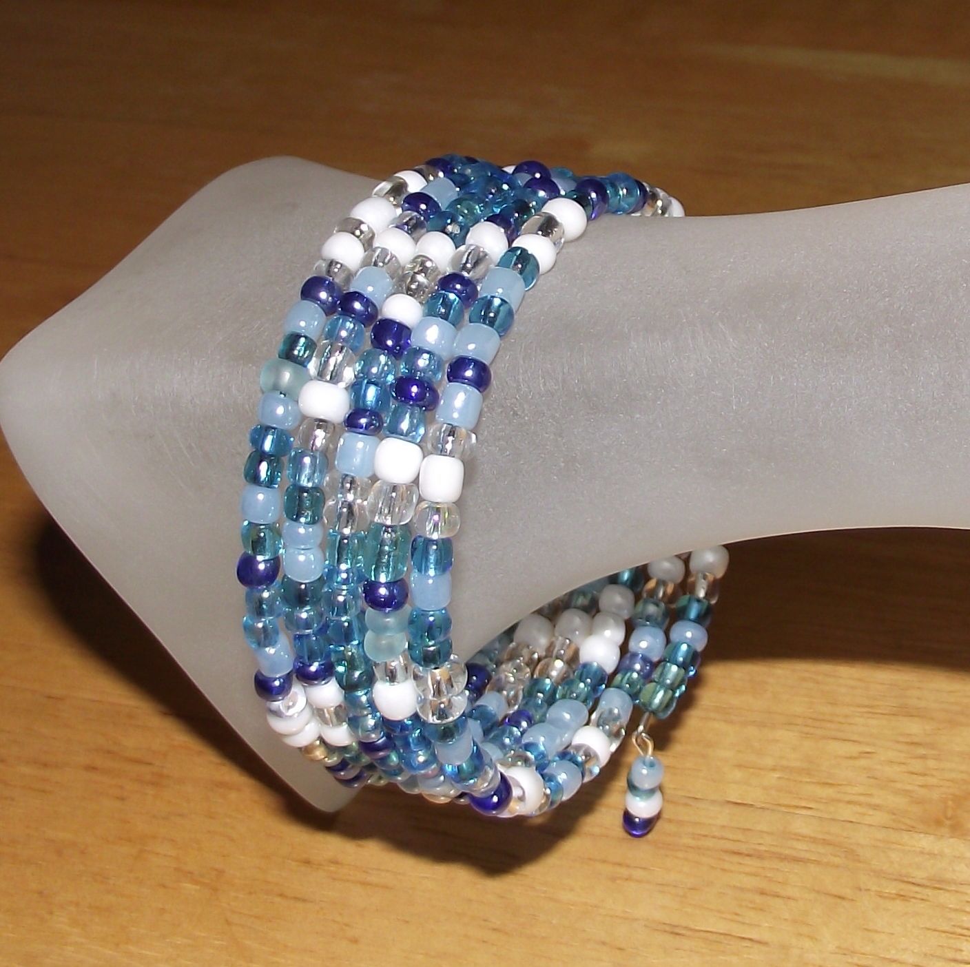 Mix of Blues White & Crystal Beaded Wrap / Coil Bracelet USA Made – Glass Beads
