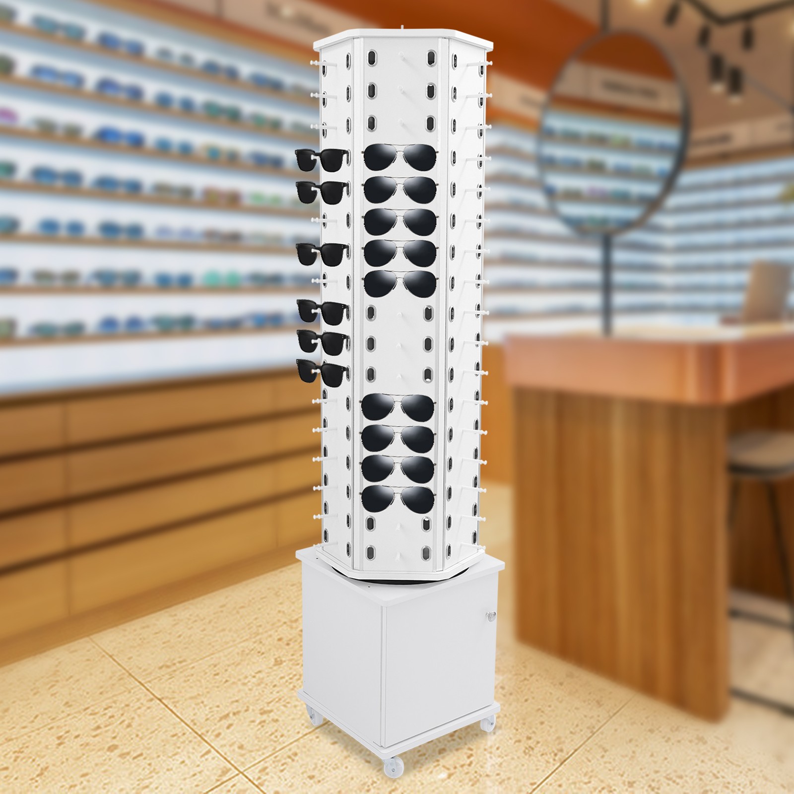 360° Rotating Eyeglass Display Rack 102 Pairs Storage Rack With Wheels For Store