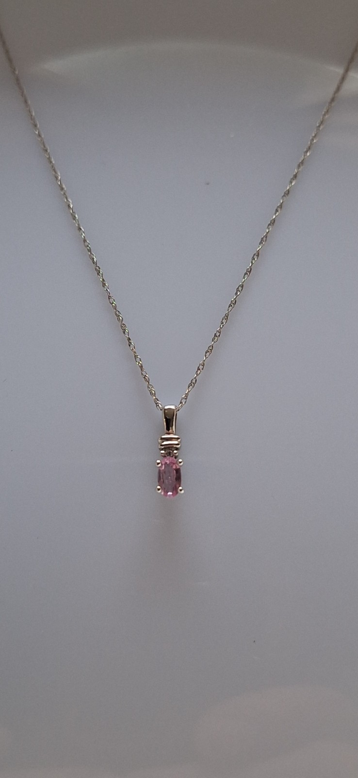 DAINTY 10K WHITE GOLD PINK OVAL TOPAZ & DIAMOND PENDANT NECKLACE STAMPED STS 10K