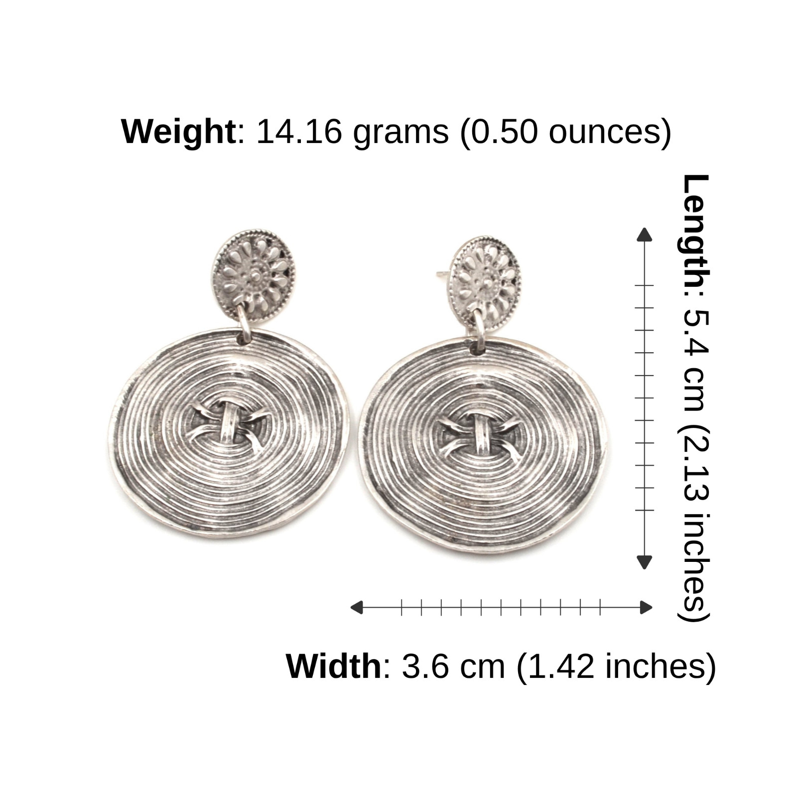 Boho Silver Spiral Disc Dangle Earrings Textured Round Statement Jewelry