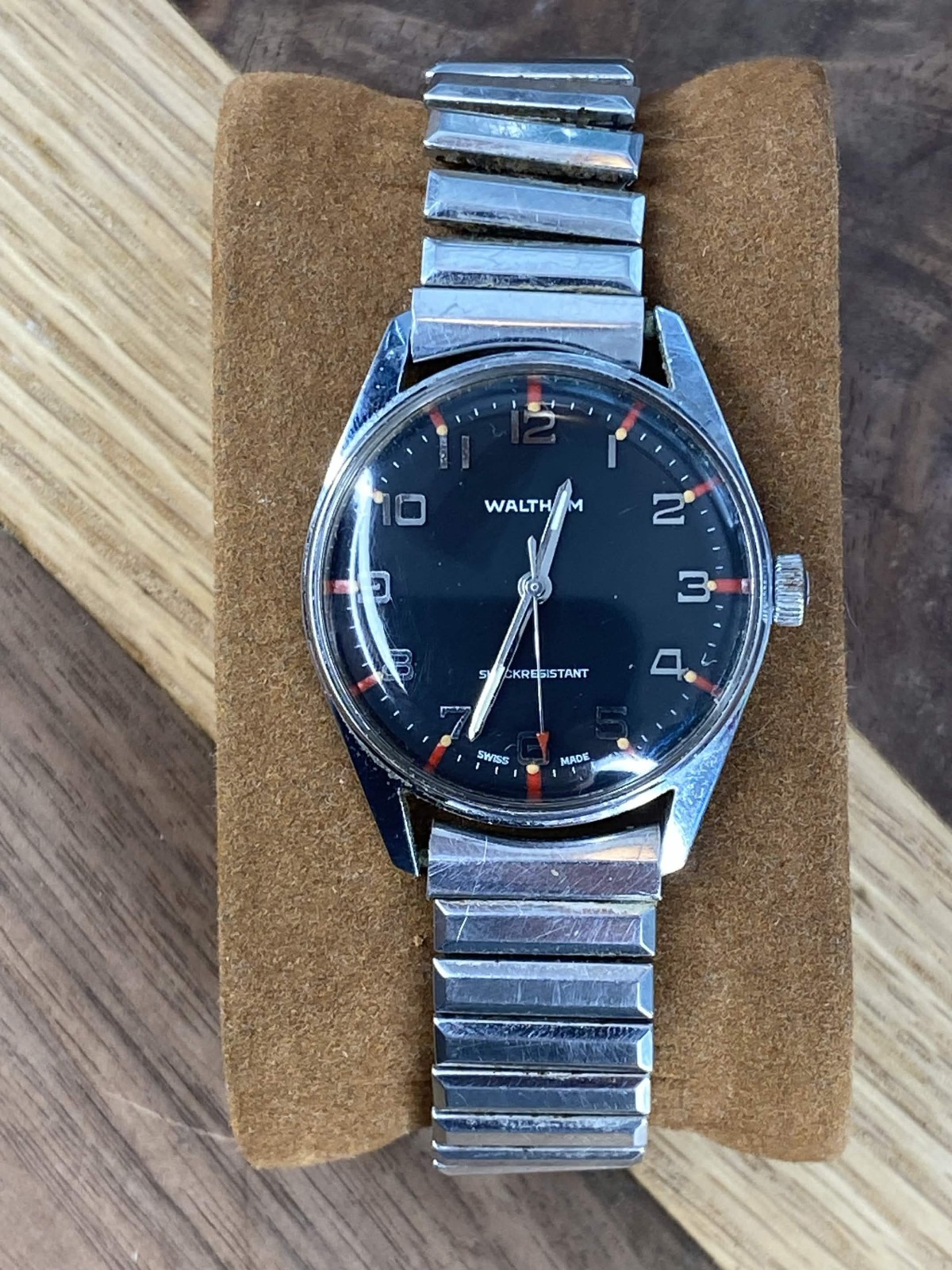 Vintage Waltham Swiss Mech. Watch Matte Black Dial Orange Racing Accent BOX