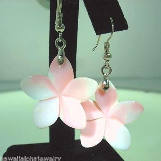 30.5mm 2T Blush Pink Mother of Pearl Hawaiian Plumeria Flower 316L Hook Earrings
