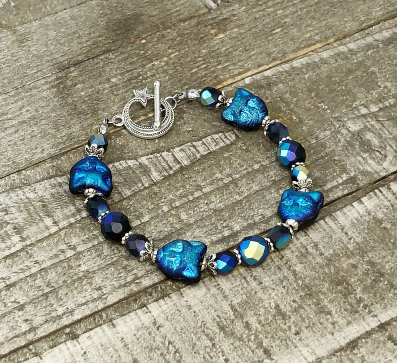Spooky Halloween Metallic Blue Cat Faces, Celestial Toggle Clasp