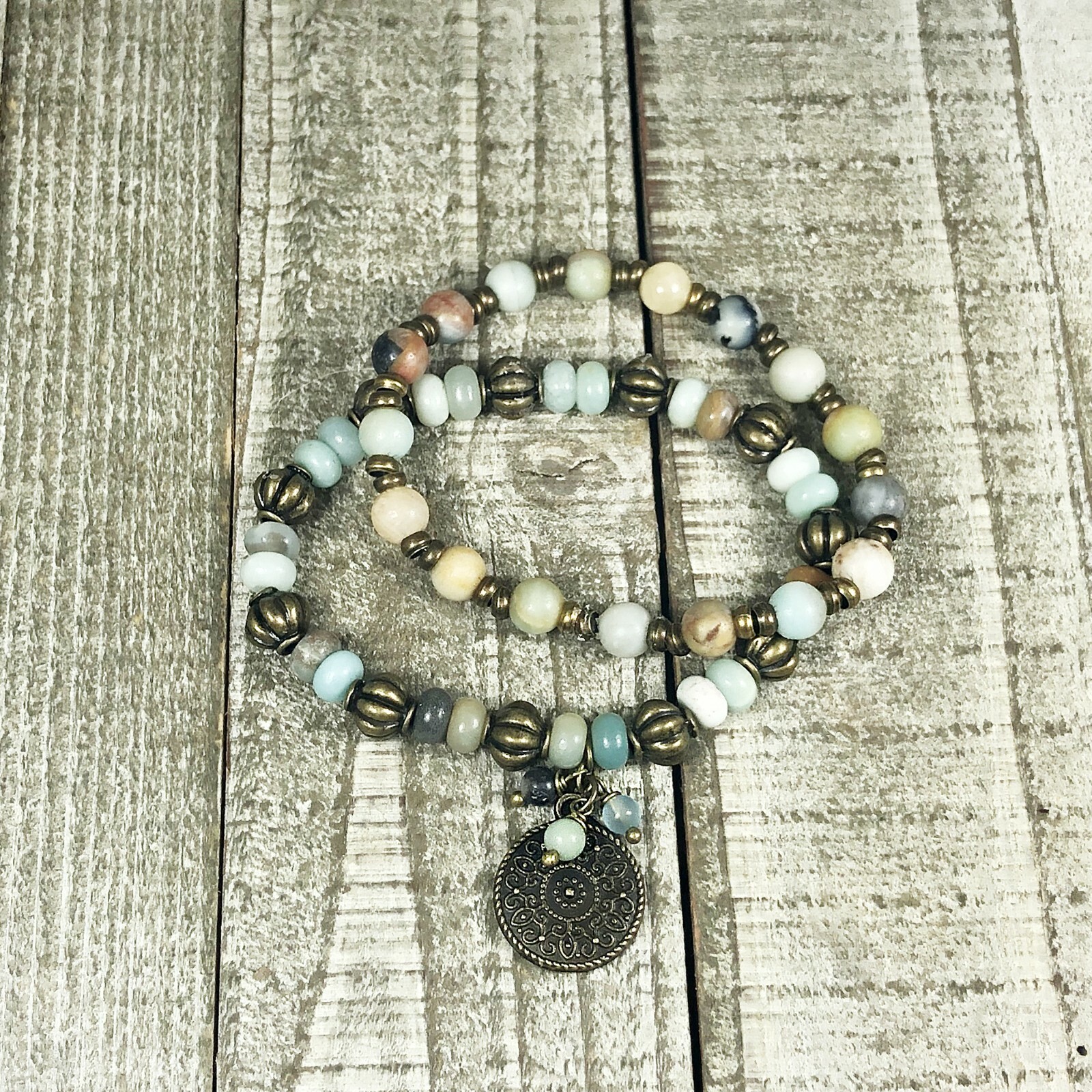 Amazonite and Bronze Bracelet Set