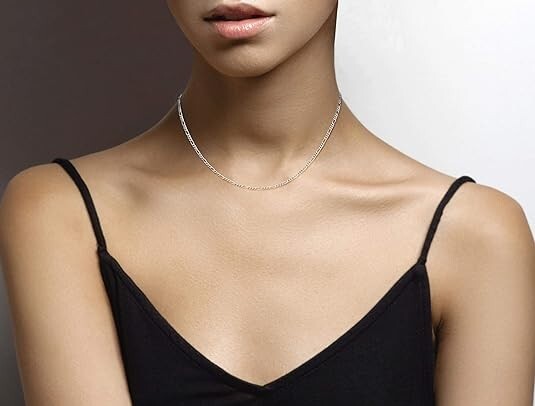 Collar Cadena Figaro de Plata Esterlina Italiana Diamantada Unisex Hecho 20Inch