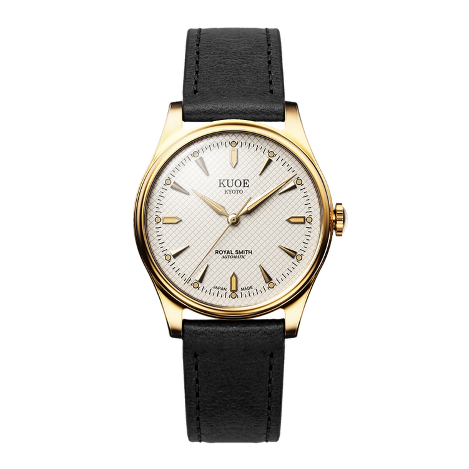Kuoe Royal Smith 90-006 Automatic Gold Watch Men Ivory Waffle Dial Black Strap