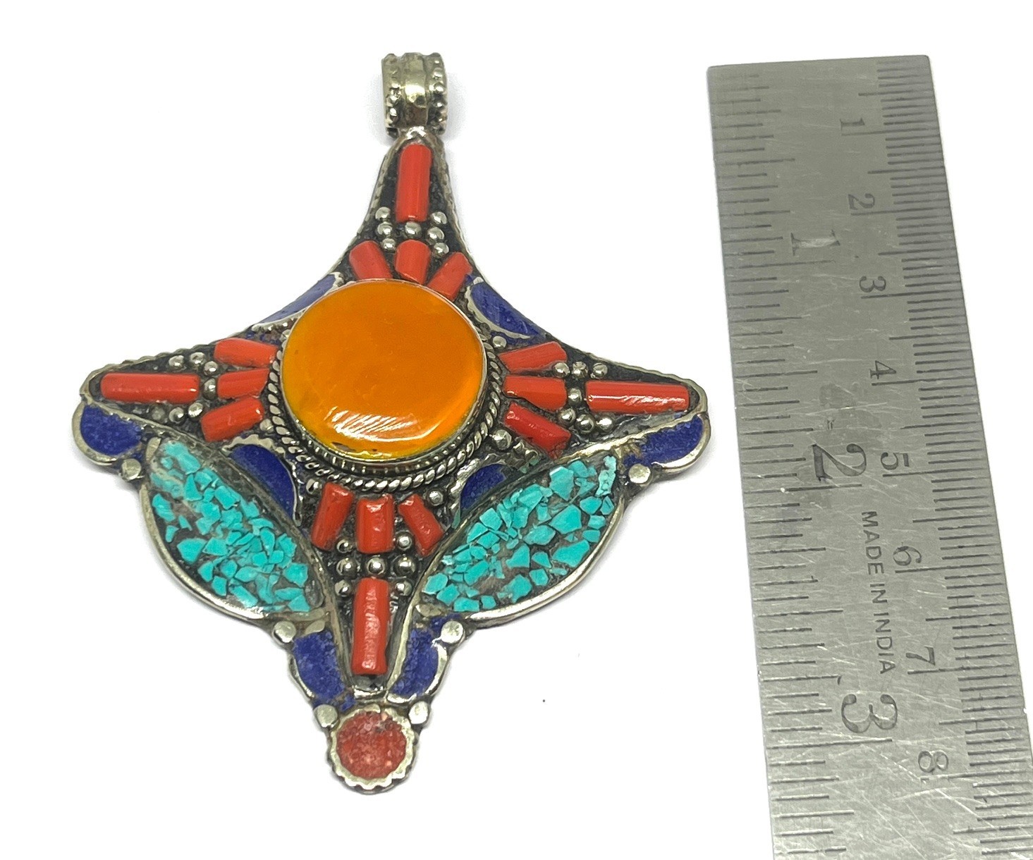 Ethnic Coral Turquoise Amber Gemstone Tibetan Style Pendant Jewelry, 3.0 inch