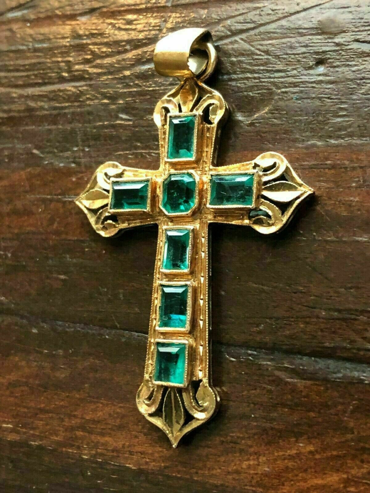 Antique 3Ct Emerald Cut Green Emerald Cross Pendant 14k Yellow Gold Finish