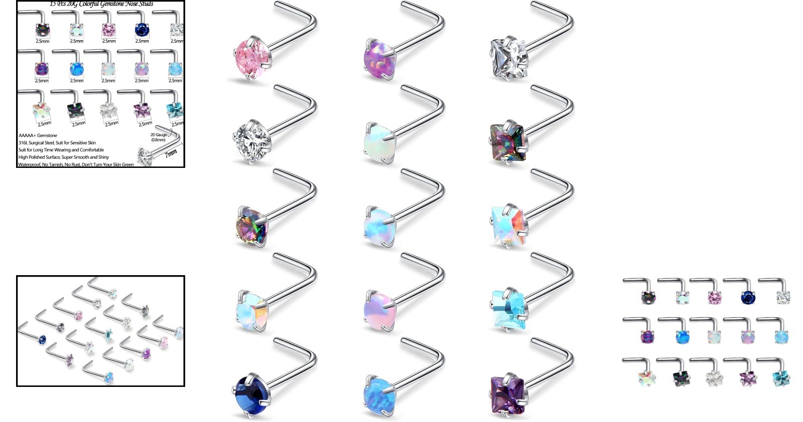 15 Pcs 20G L-Shaped Nose Rings with CZ & Opal – Hypoallergenic Steel Jewelry