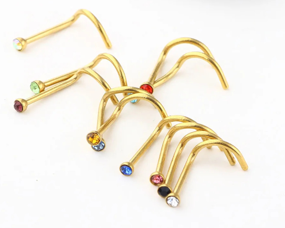 1 5 10pcs GOLD Nose Screw 2mm Gem 20g Twist Piercing Bar Stud Ring Crystal Bulk