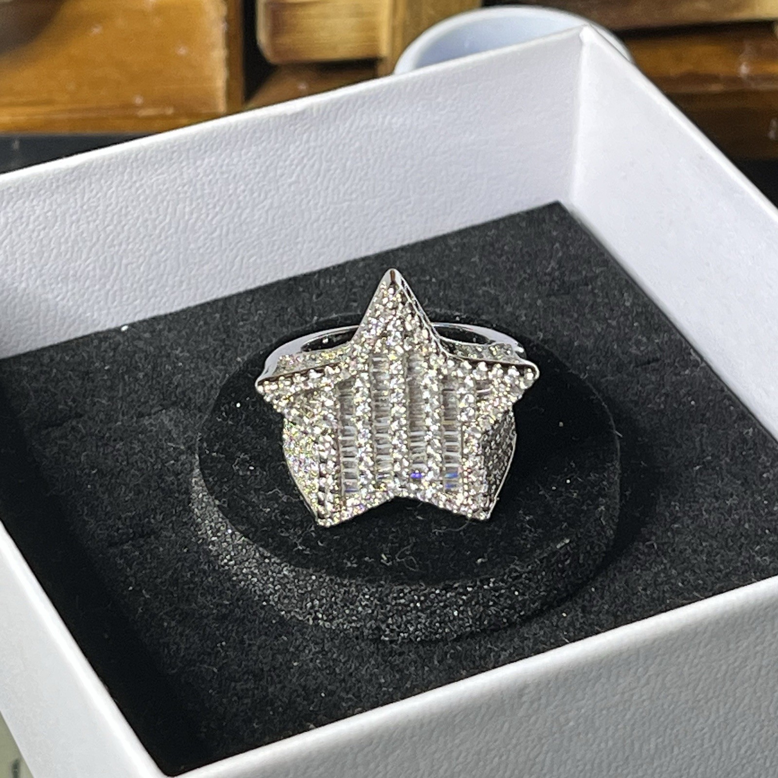 Silver Tone Star Masonite diamonds Baguette Statement Ring Size 7