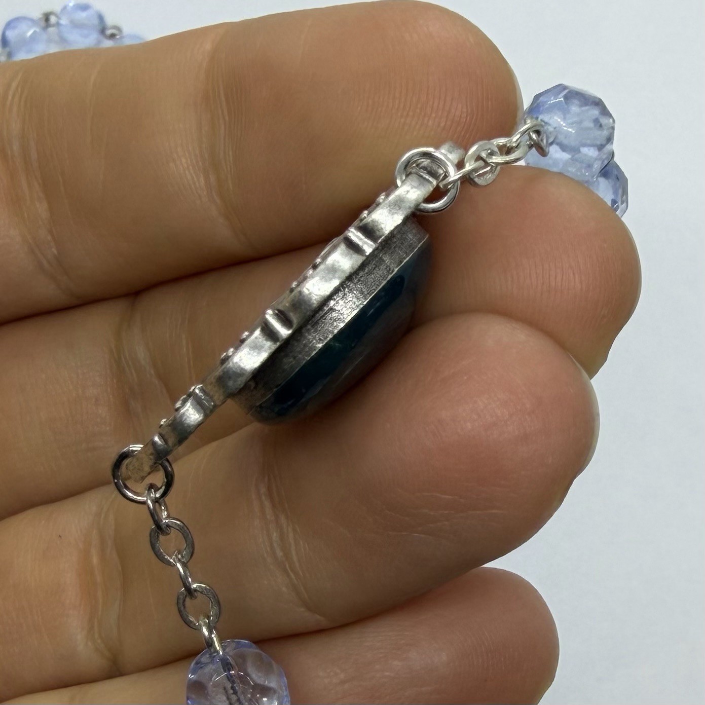 Vtg Religious Catholic Blue Glass Lourdes Cross Rosary Bead Necklace Holy Water