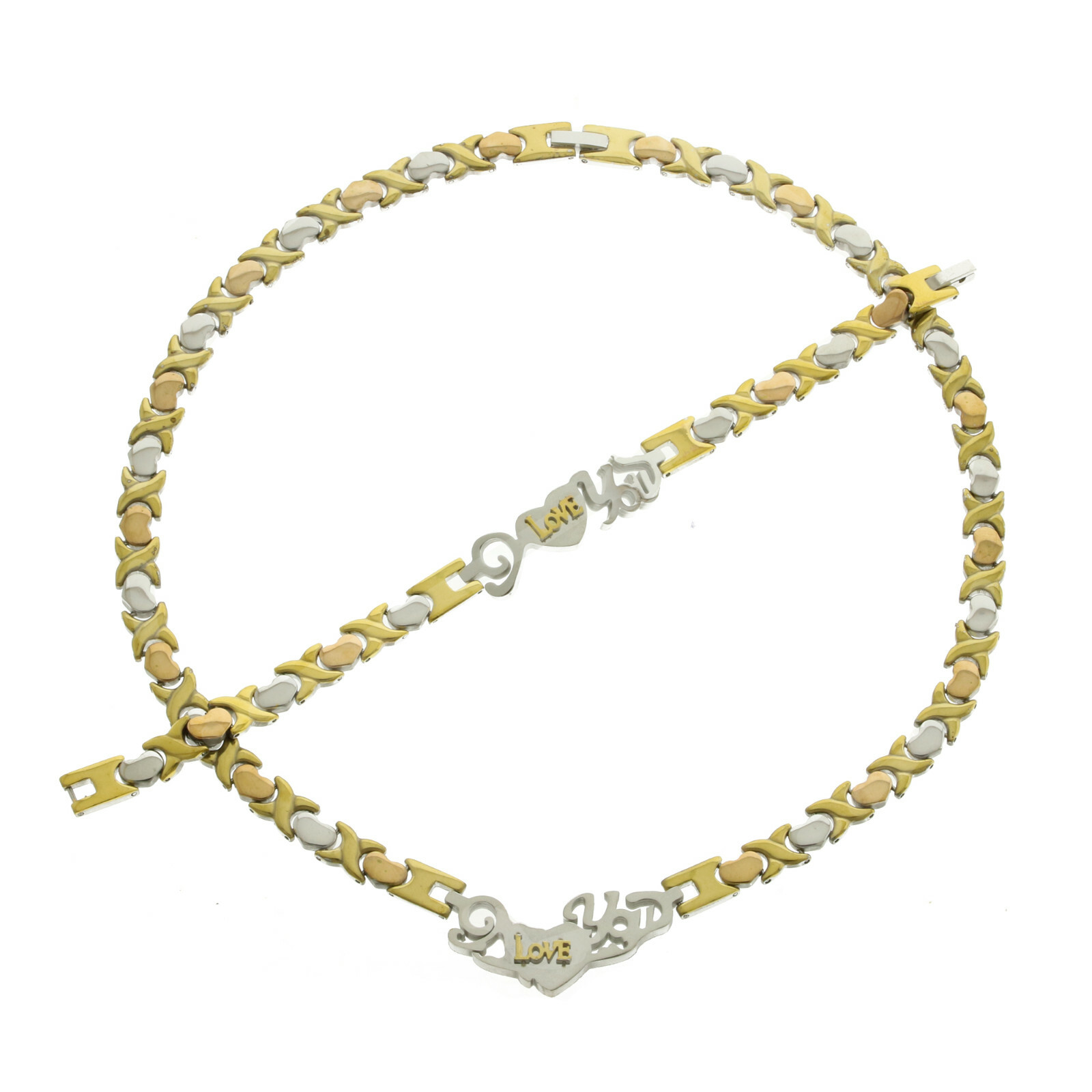 Tri-Colored I LOVE YOU Hugs & Kisses XOXO Necklace Bracelet Set Stainless Steel