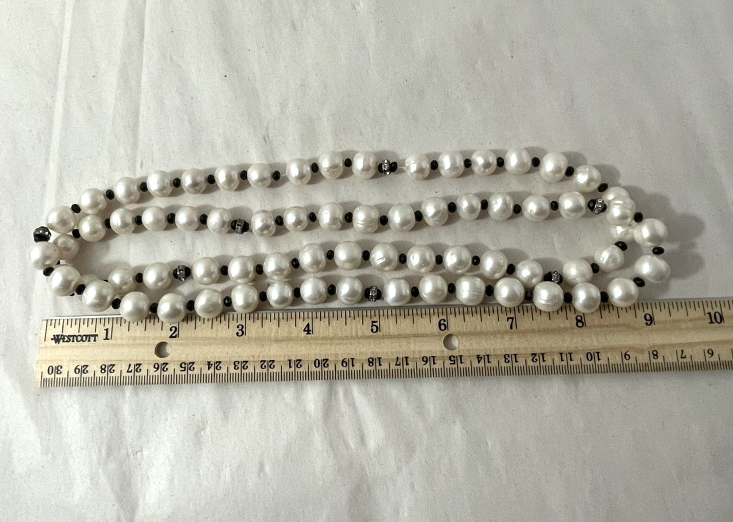 Long 36″ Freshwater Pearl Necklace Black Spacer Beads Statement Strand 132g