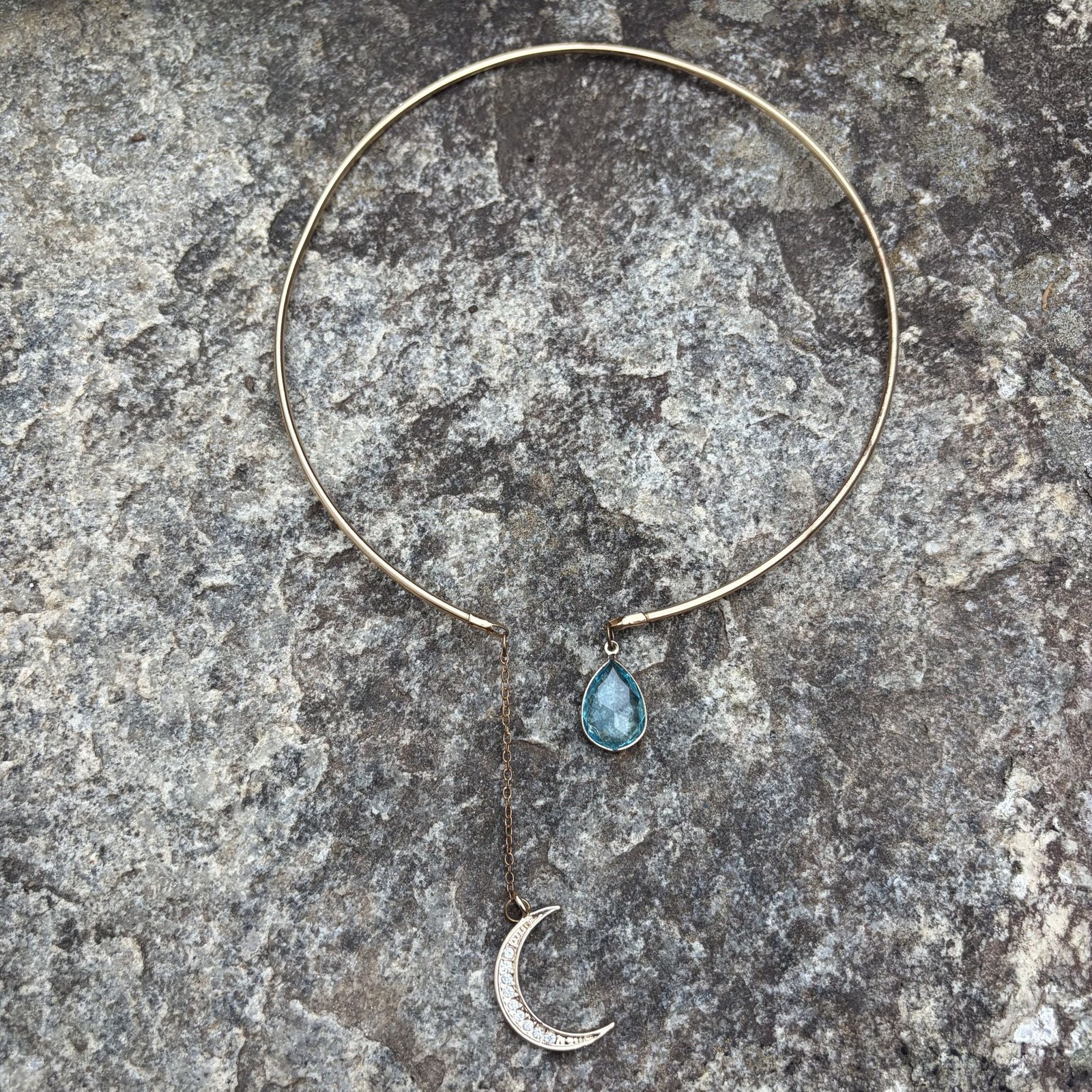 Gold Tone Crescent Moon Teardrop Aquamarine Rhinestone Open Collar Choker