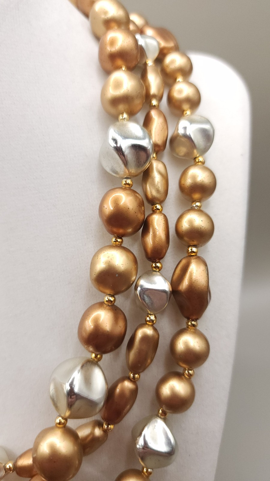 Vintage 70s 80s Boho Chunky Multi Strand Necklace Metallic Gold Silver Bead 18″