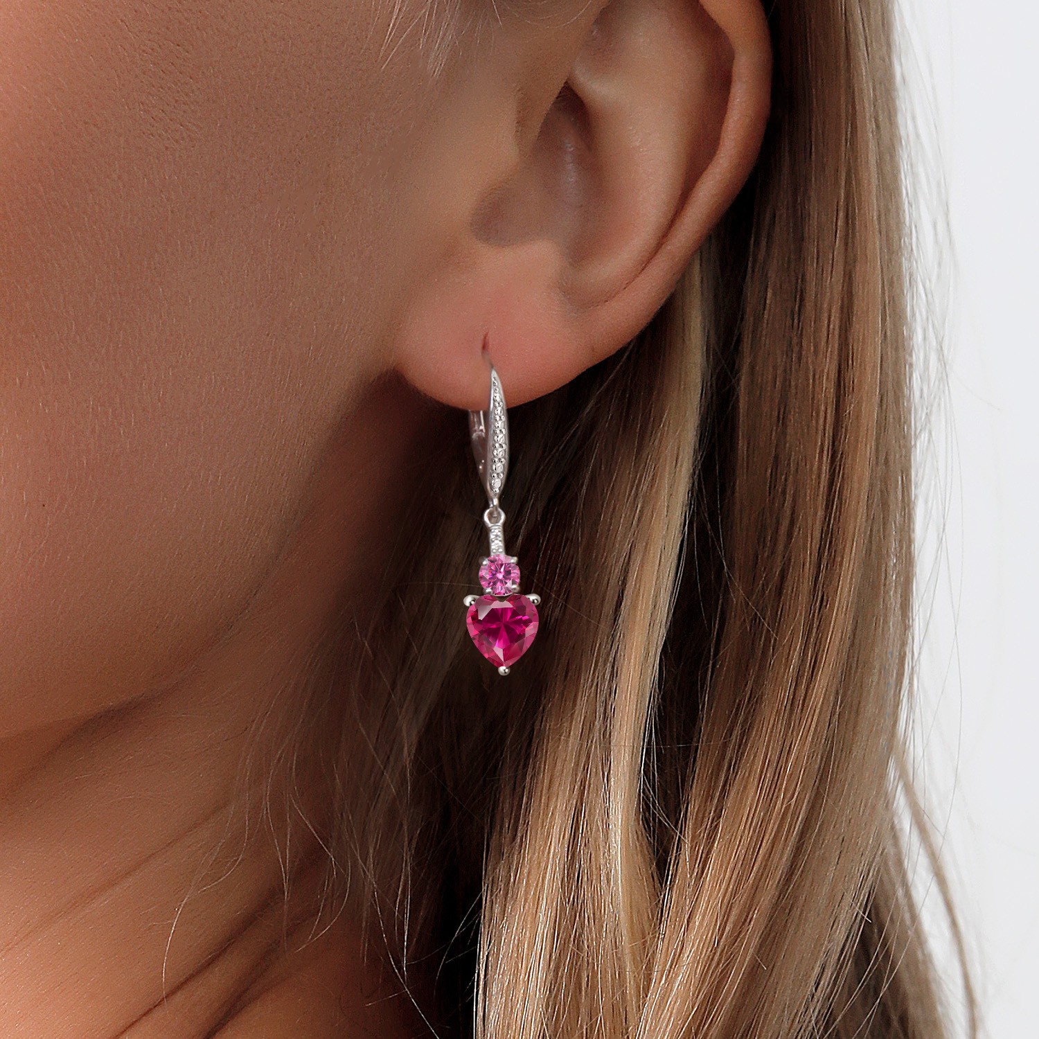 3.29 Cttw Created Ruby Pink Moissanite and White Lab Grown Diamond Drop Dangle
