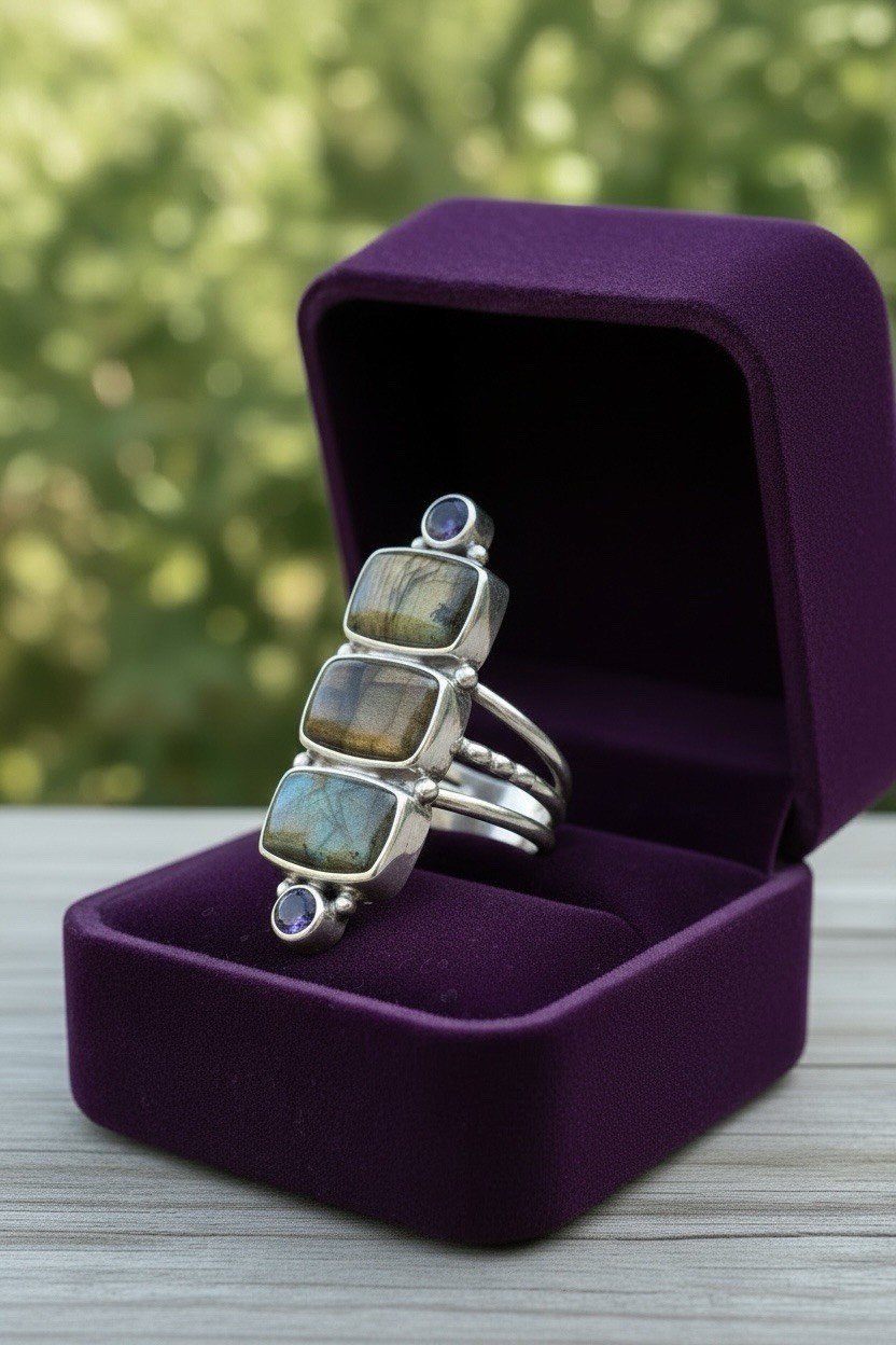 Sajen 925 Sterling Silver Labradorite and Amethyst Ring Size 9