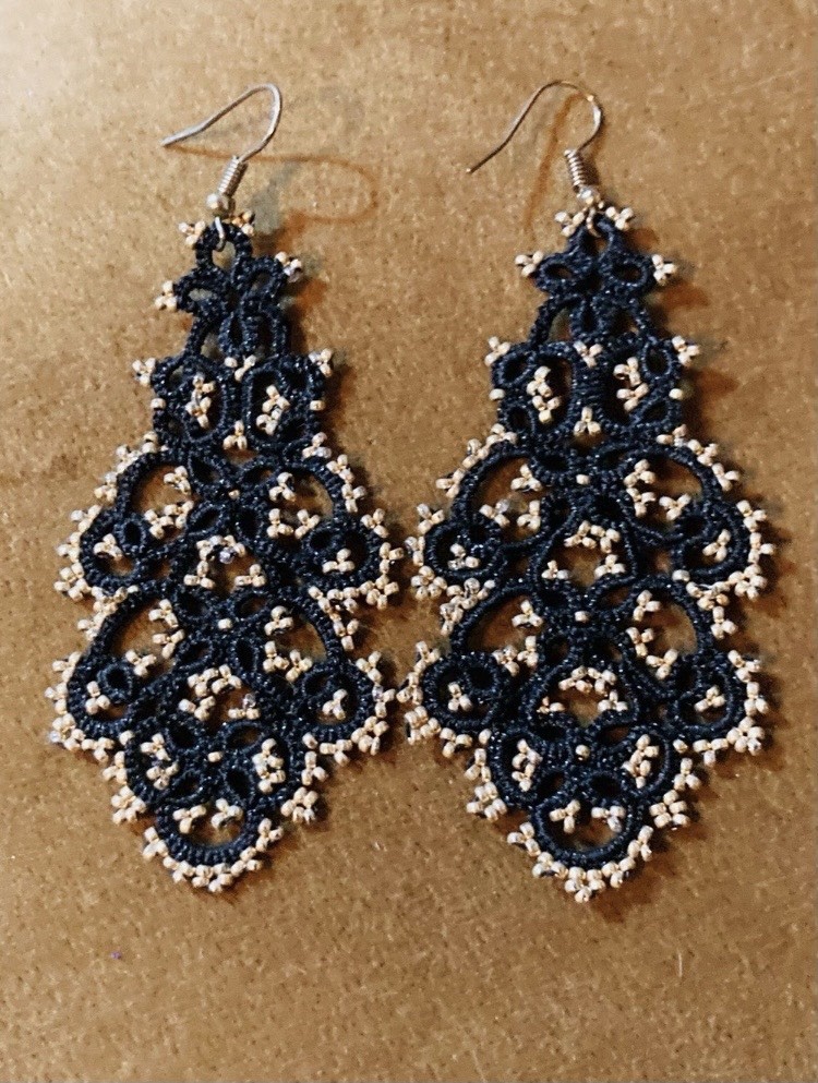 Elegant Handmade Black Tatted Crochet Lace Drop Earrings with Gold Bead Accents